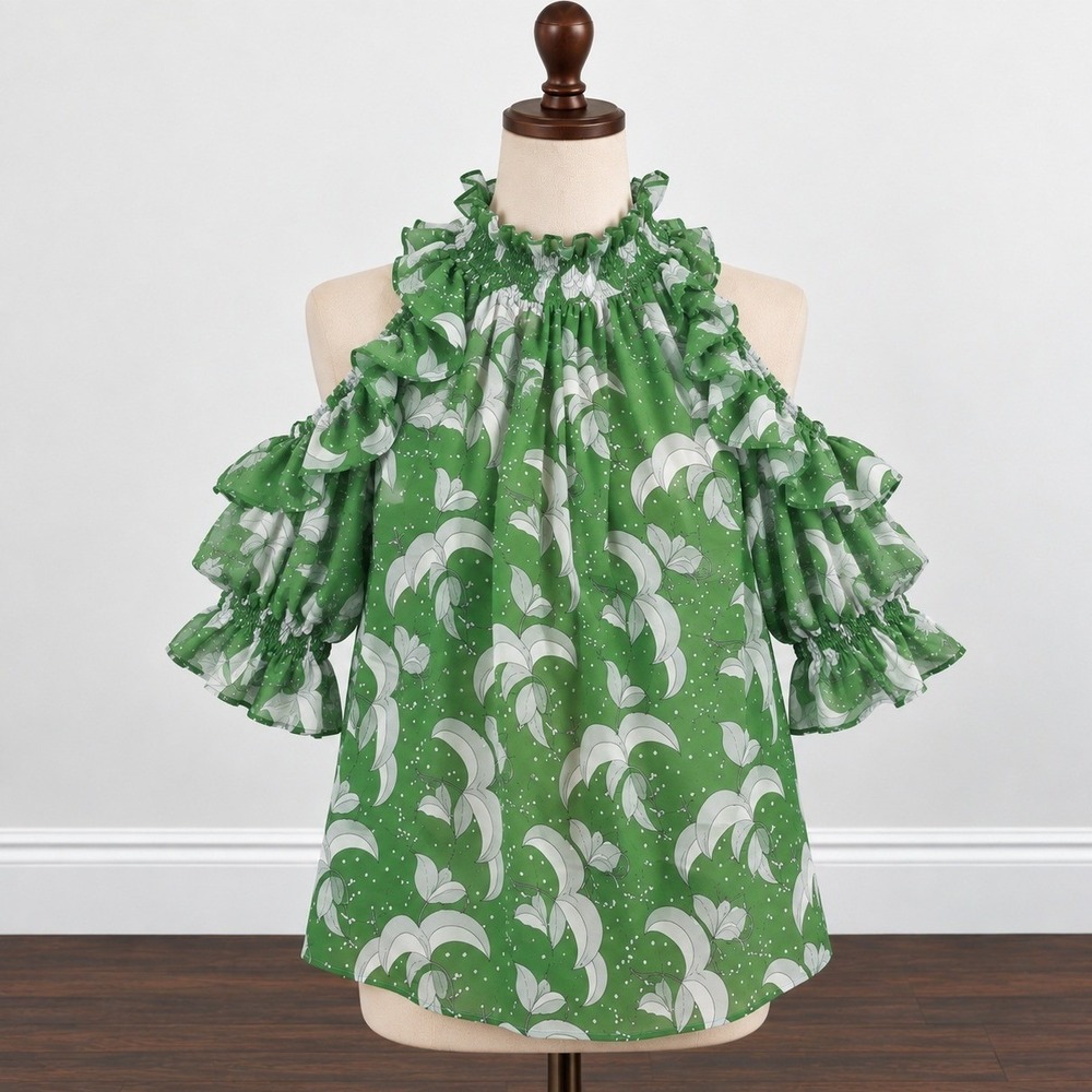 Max Studio Womens Small Green Floral Cold Shoulder Ruffle Blouse Romantic Top